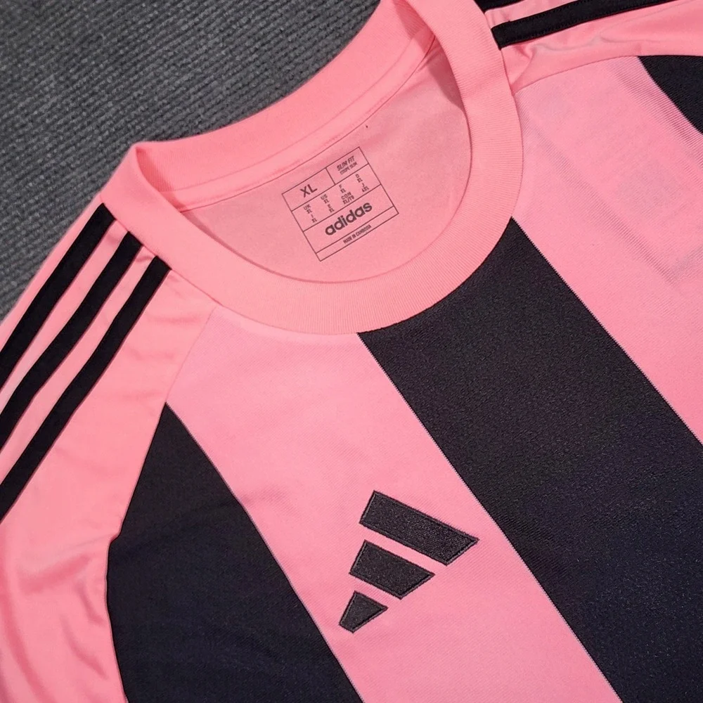 Adidas Soccer Jersey Mens XL Pink Black Striped Aeroready Slim Fit Athletic
